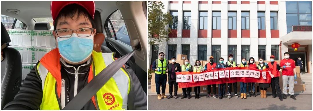 左圖：10輛轎車后座和后備箱堆滿了菜，出發(fā)送給社區(qū)；右圖：各位志愿者協(xié)助接收消毒防護(hù)物資